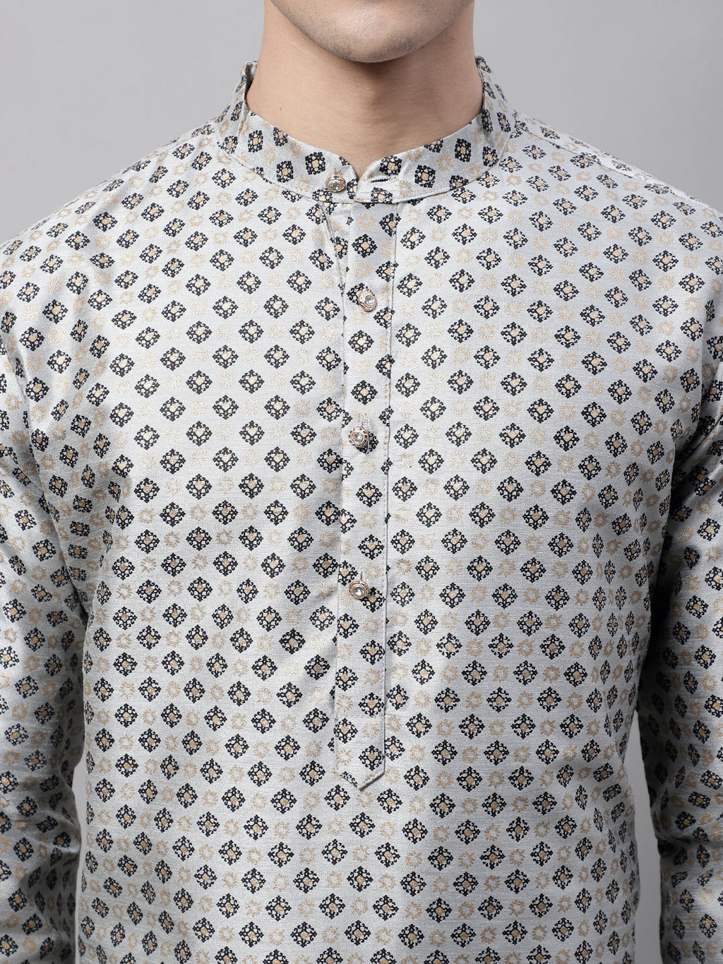 Jompers Men's Grey Printed Silk Blend Kurta | Grocsy