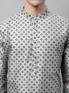 Jompers Men's Grey Printed Silk Blend Kurta | Grocsy