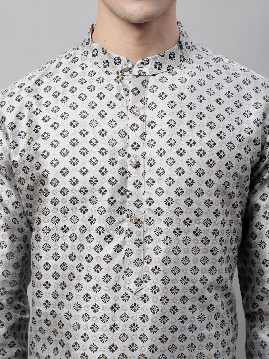 Jompers Men's Grey Printed Silk Blend Kurta | Grocsy