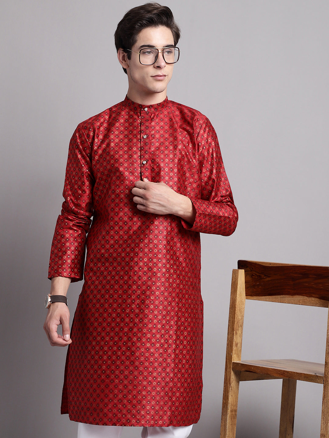 Jompers Men's Maroon Printed Silk Blend Kurta | Grocsy
