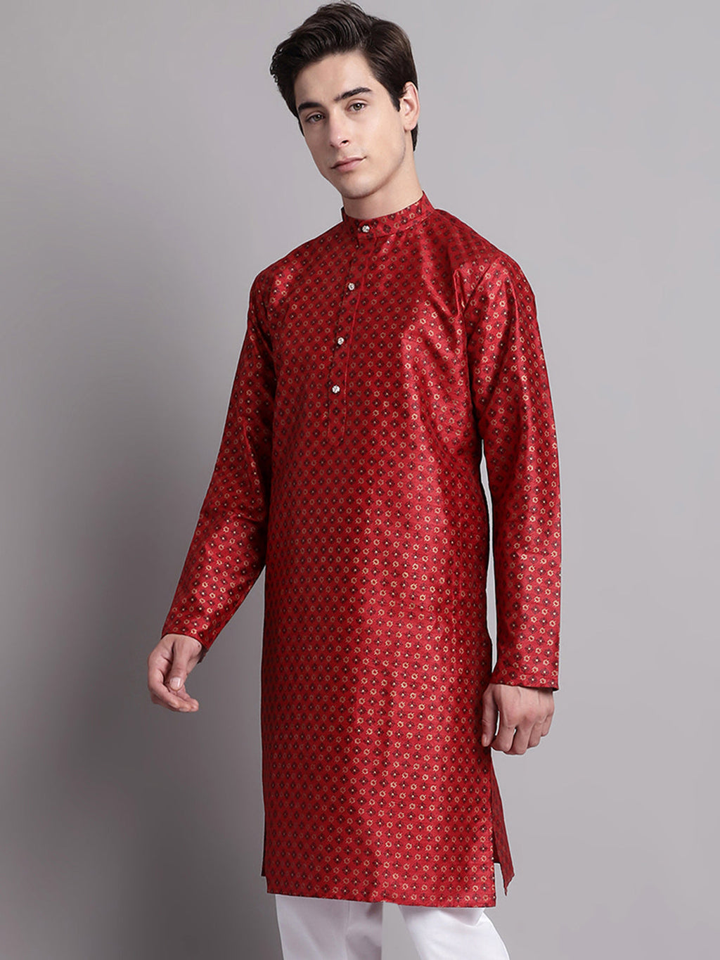 Jompers Men's Maroon Printed Silk Blend Kurta | Grocsy