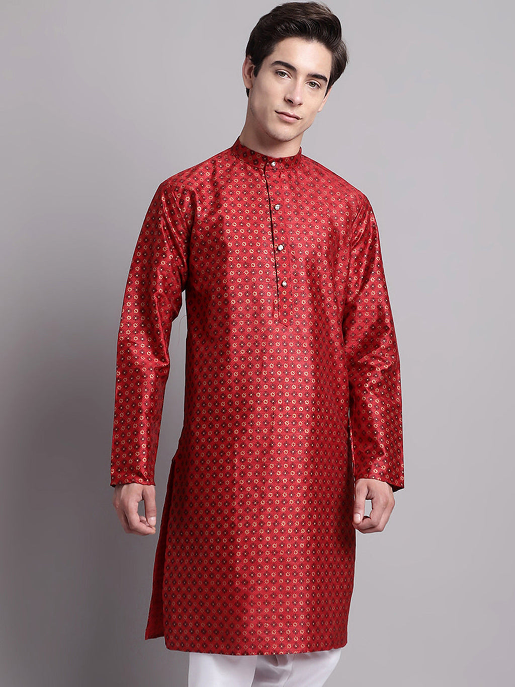 Jompers Men's Maroon Printed Silk Blend Kurta | Grocsy