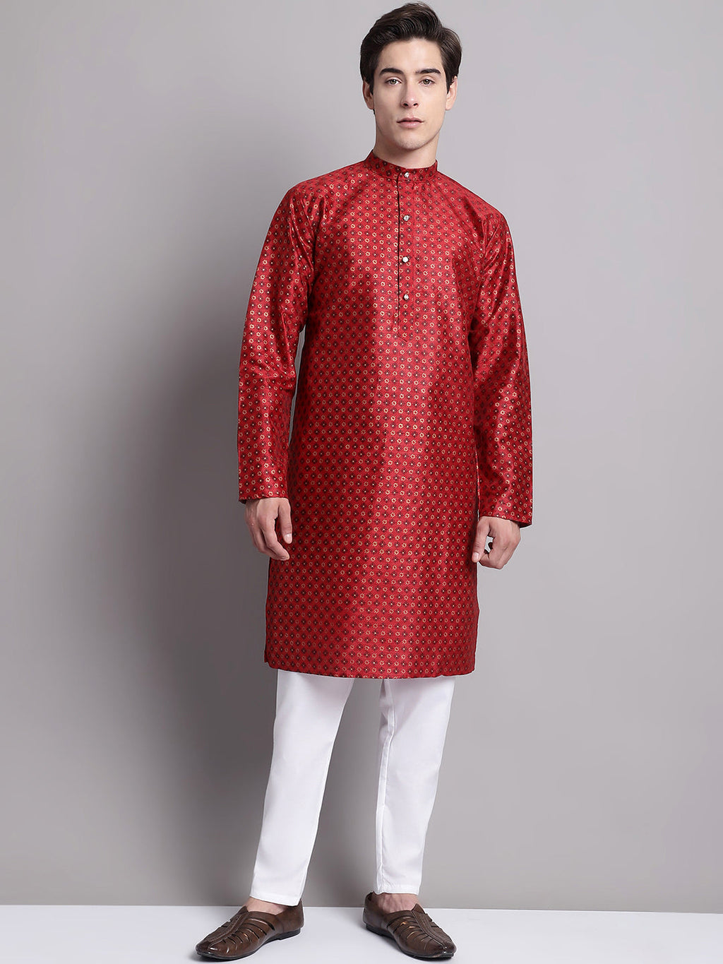 Jompers Men's Maroon Printed Silk Blend Kurta | Grocsy