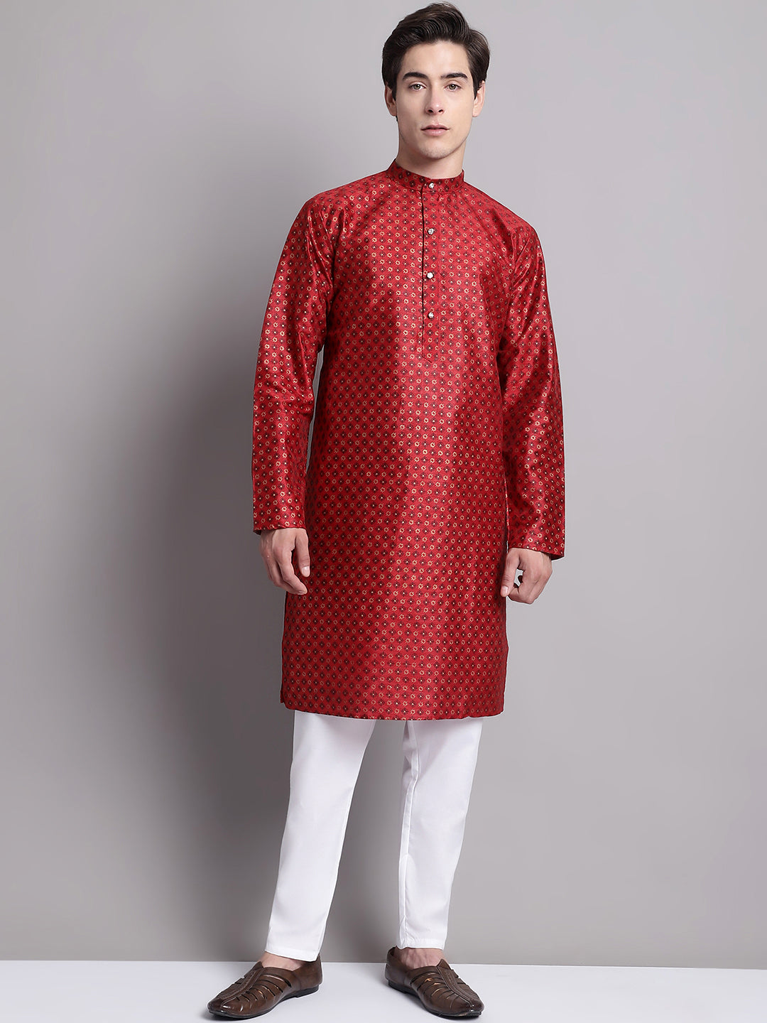 Jompers Men's Maroon Printed Silk Blend Kurta | Grocsy