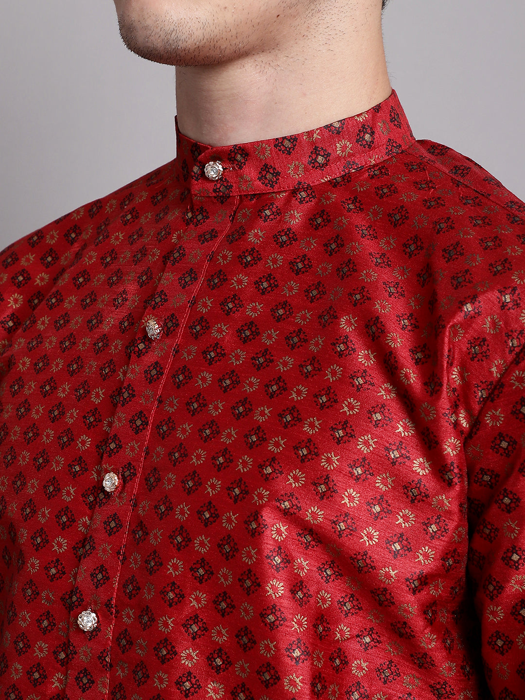 Jompers Men's Maroon Printed Silk Blend Kurta | Grocsy