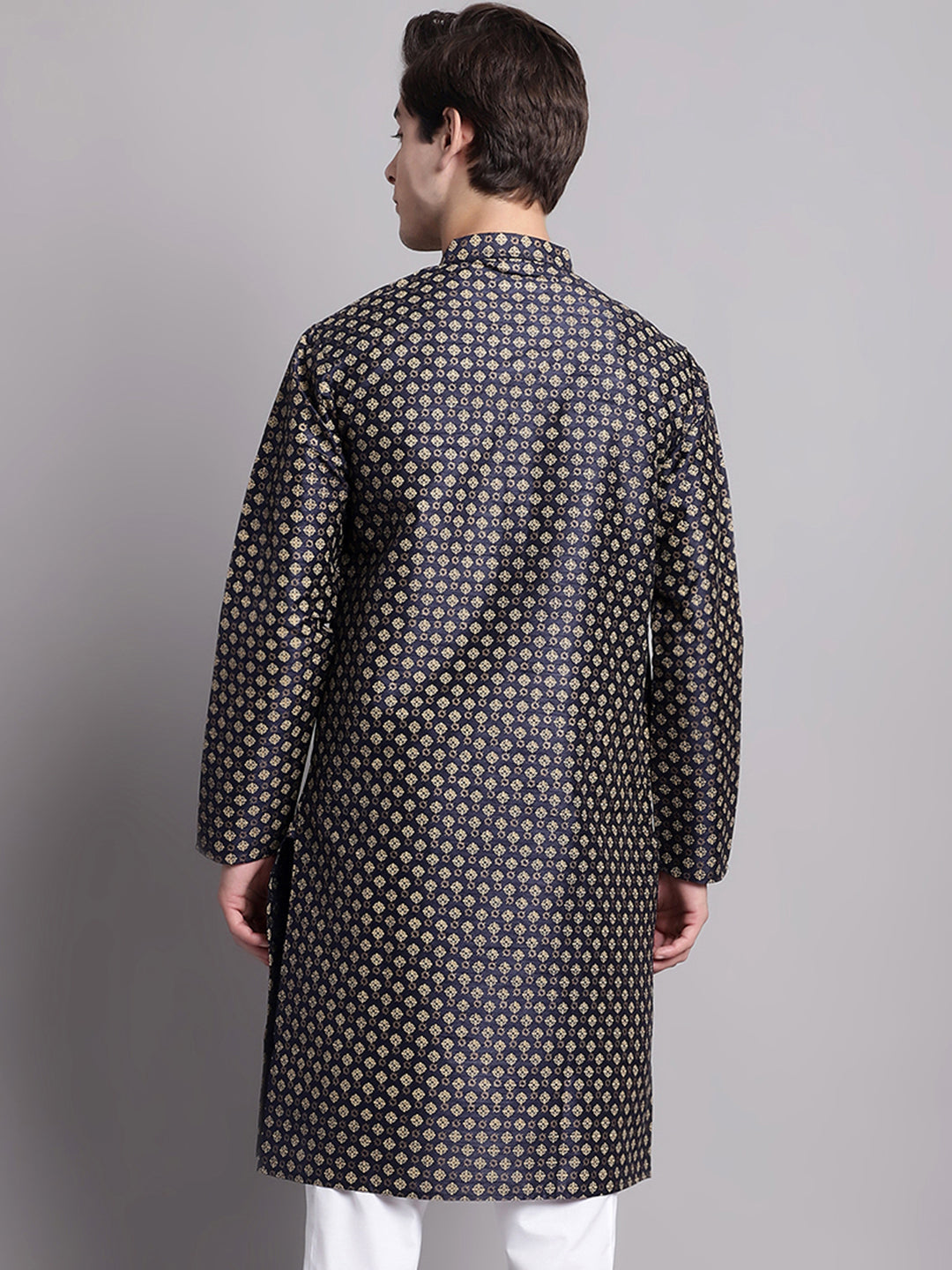 Jompers Men's Navy Blue Printed Silk Blend Kurta | Grocsy