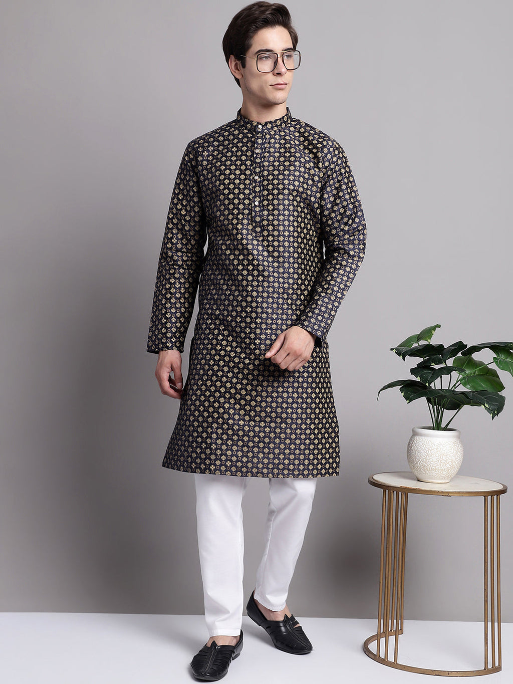 Jompers Men's Navy Blue Printed Silk Blend Kurta | Grocsy