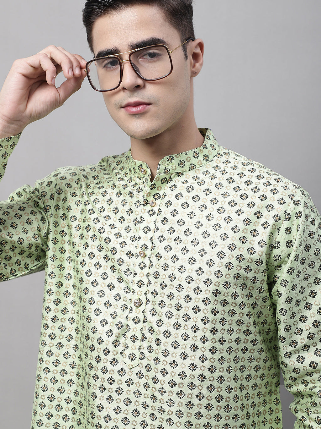 Jompers Men's Pista Green Printed Silk Blend Kurta | Grocsy