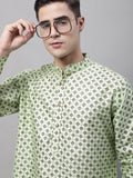 Jompers Men's Pista Green Printed Silk Blend Kurta | Grocsy