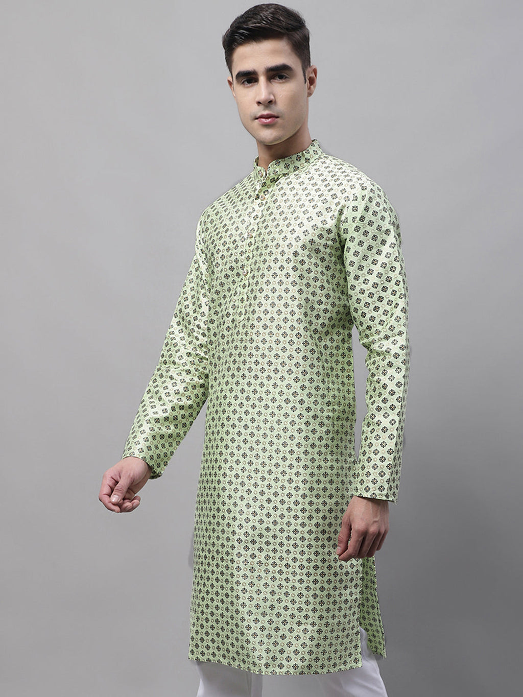 Jompers Men's Pista Green Printed Silk Blend Kurta | Grocsy