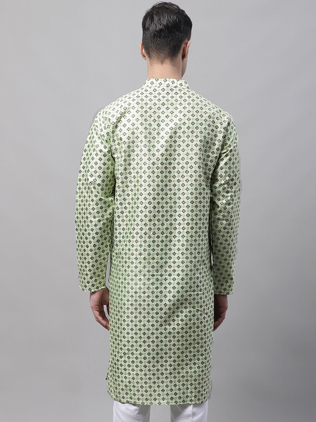 Jompers Men's Pista Green Printed Silk Blend Kurta | Grocsy