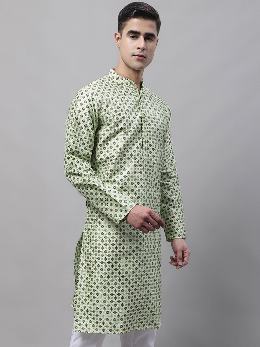 Jompers Men's Pista Green Printed Silk Blend Kurta | Grocsy