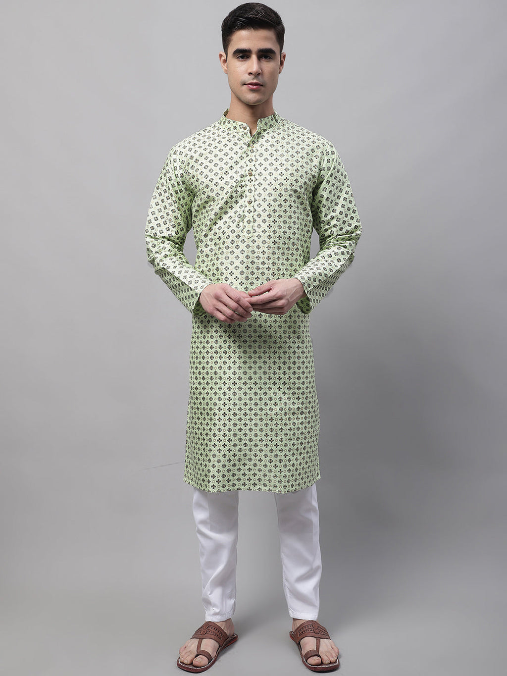 Jompers Men's Pista Green Printed Silk Blend Kurta | Grocsy