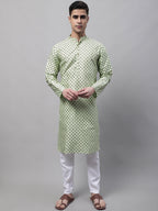 Jompers Men's Pista Green Printed Silk Blend Kurta | Grocsy