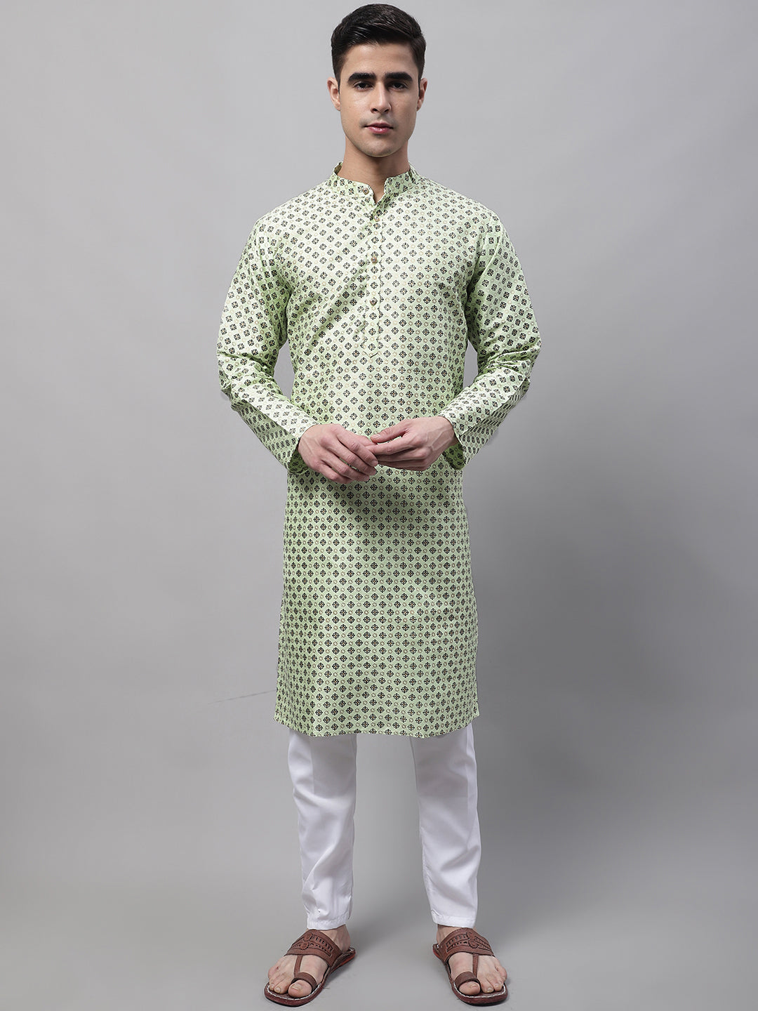 Jompers Men's Pista Green Printed Silk Blend Kurta | Grocsy