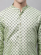 Jompers Men's Pista Green Printed Silk Blend Kurta | Grocsy