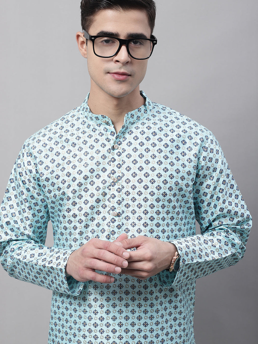 Jompers Men's Sky Blue Printed Silk Blend Kurta | Grocsy