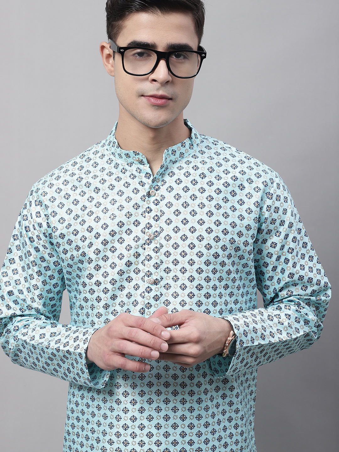 Jompers Men's Sky Blue Printed Silk Blend Kurta | Grocsy