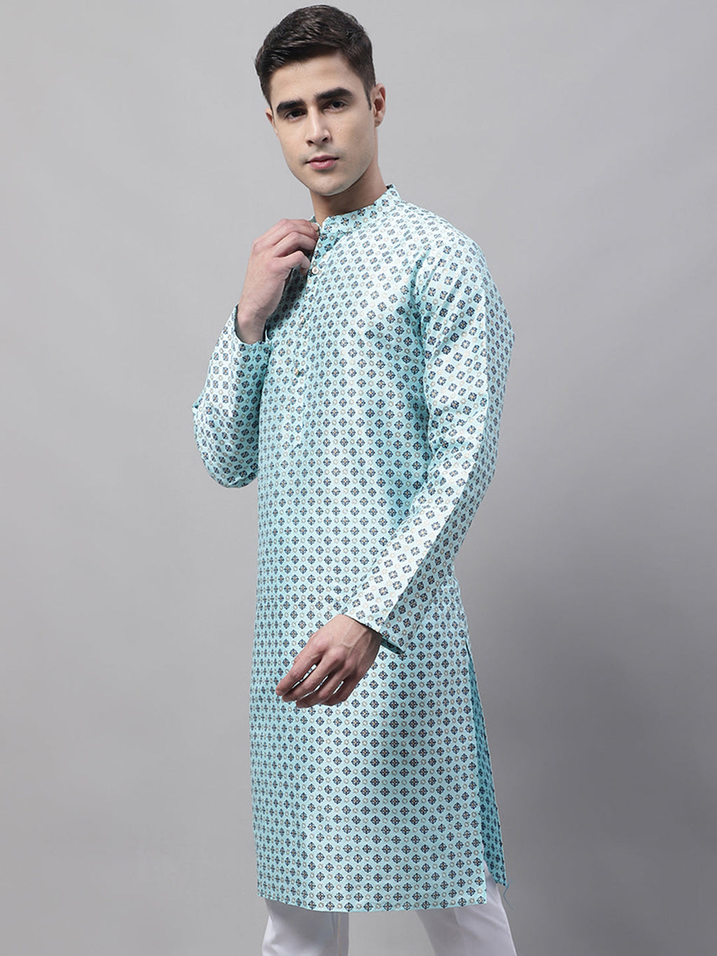 Jompers Men's Sky Blue Printed Silk Blend Kurta | Grocsy