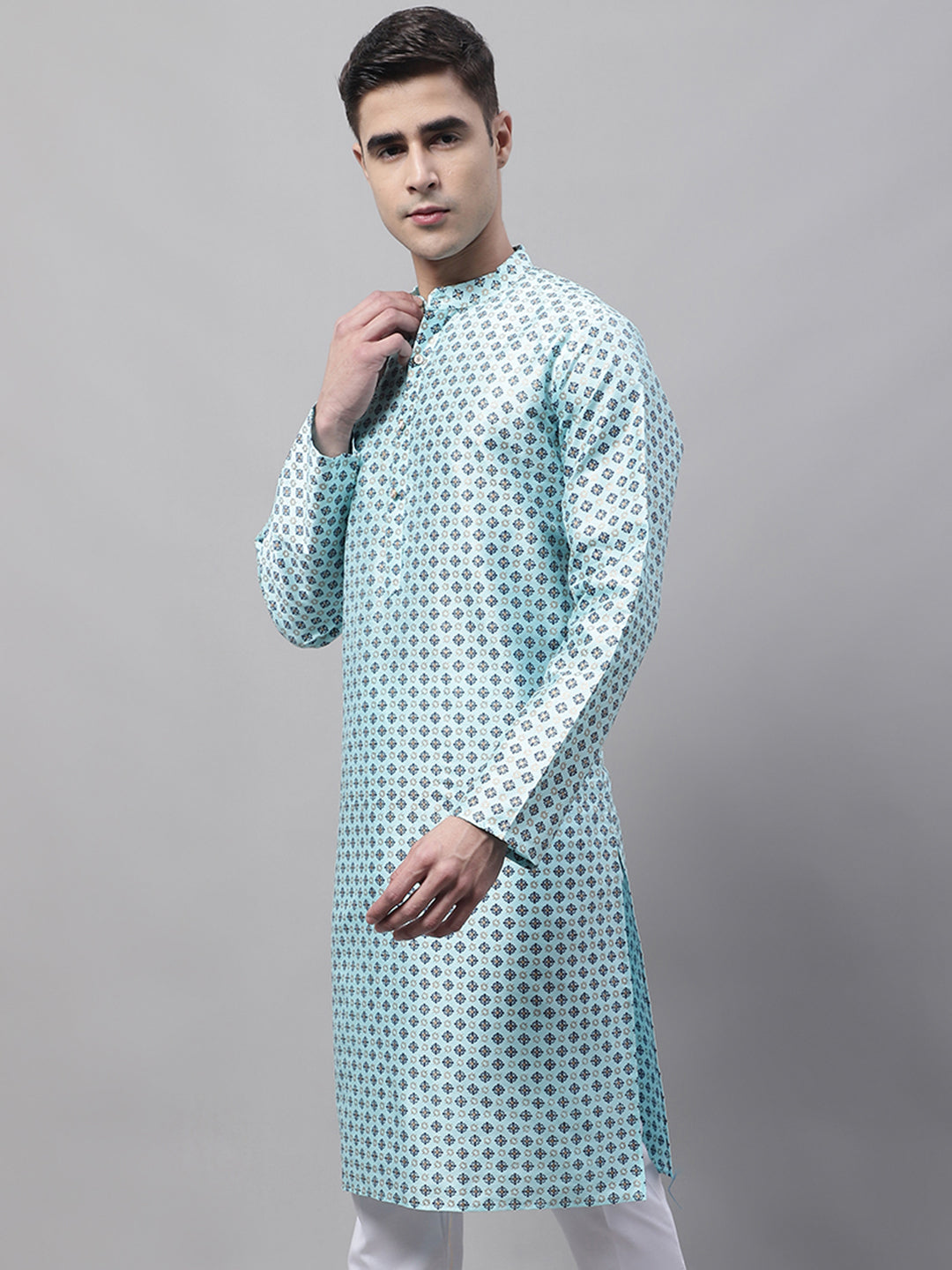 Jompers Men's Sky Blue Printed Silk Blend Kurta | Grocsy
