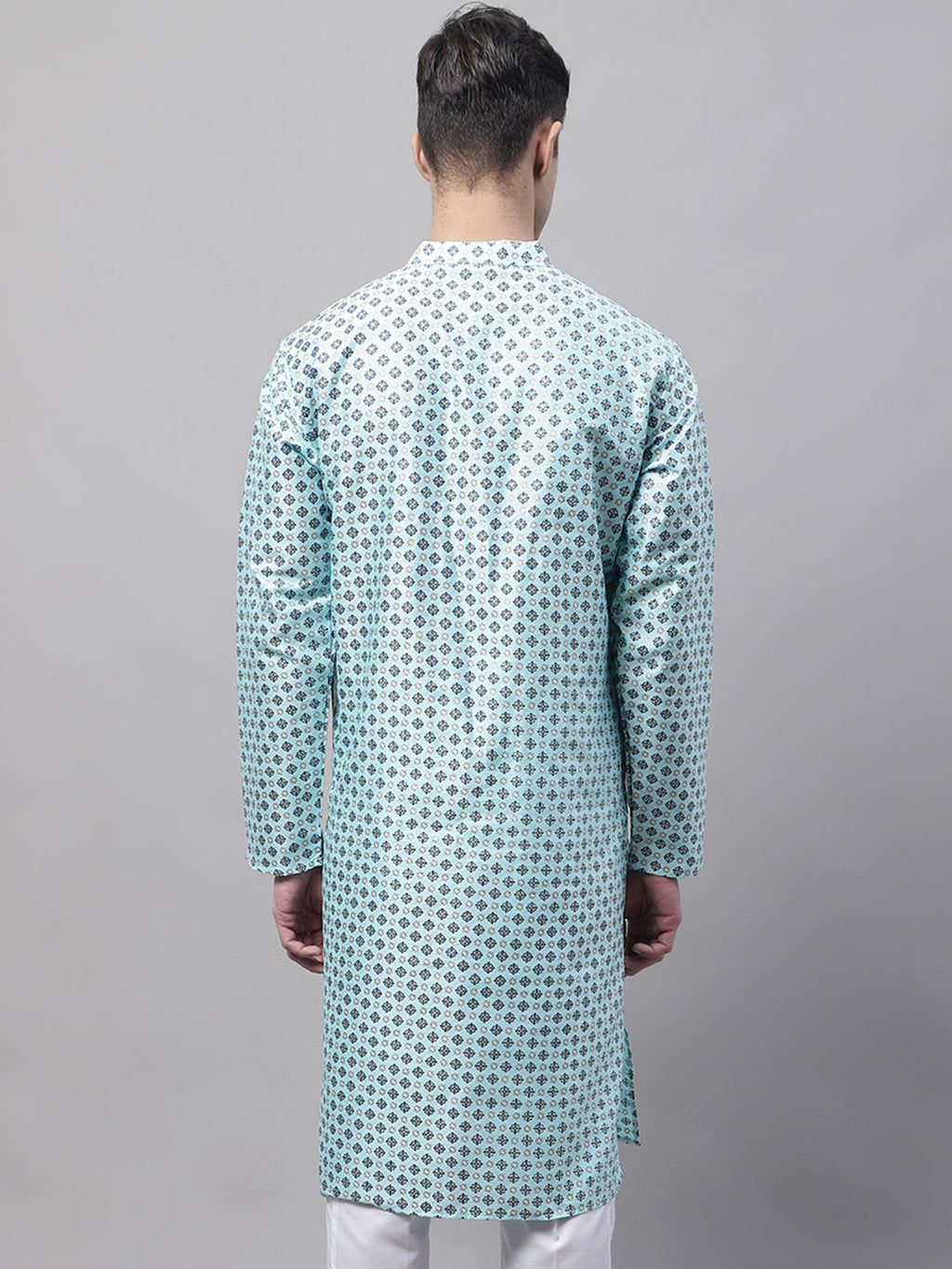 Jompers Men's Sky Blue Printed Silk Blend Kurta | Grocsy