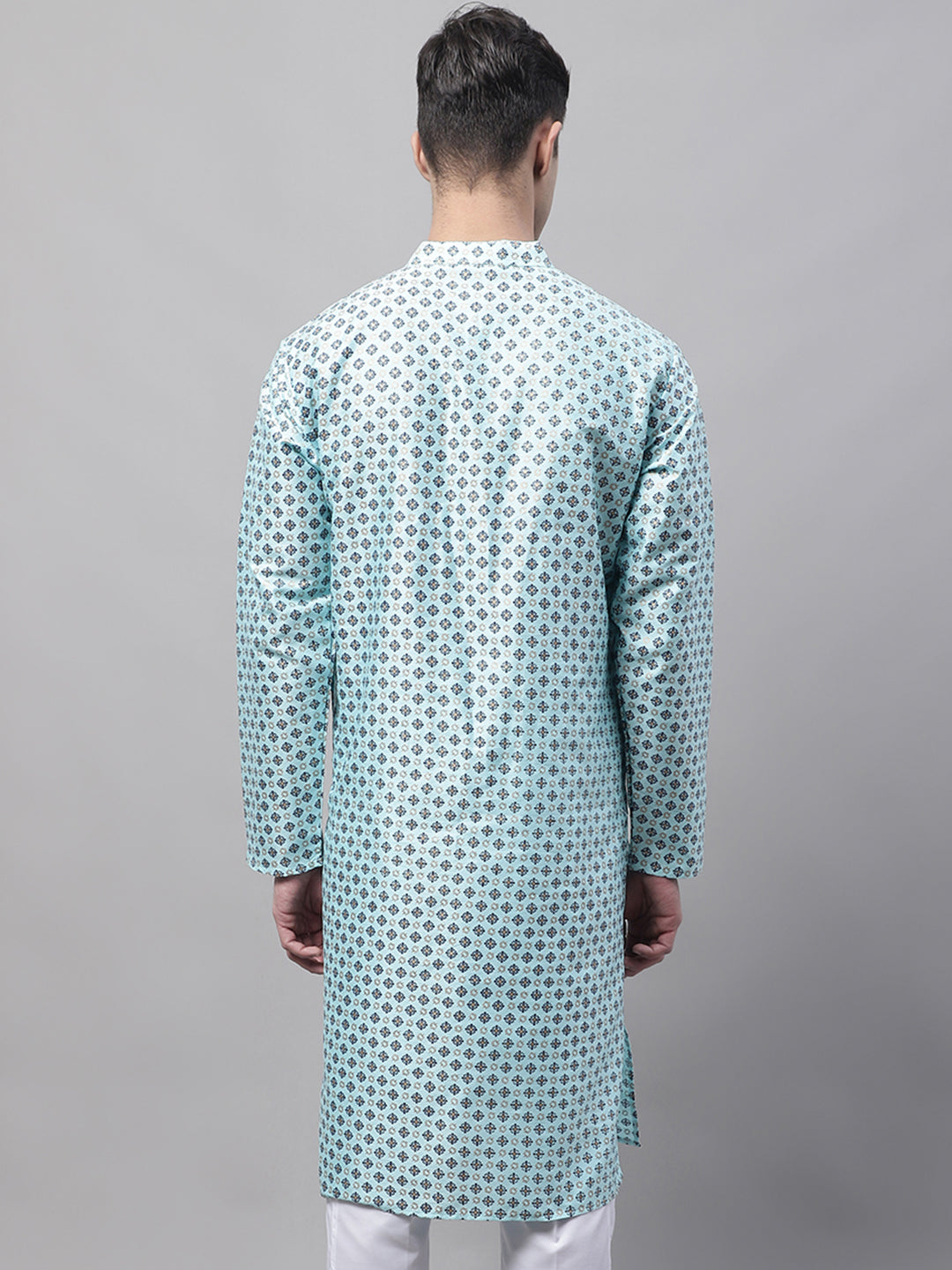 Jompers Men's Sky Blue Printed Silk Blend Kurta | Grocsy