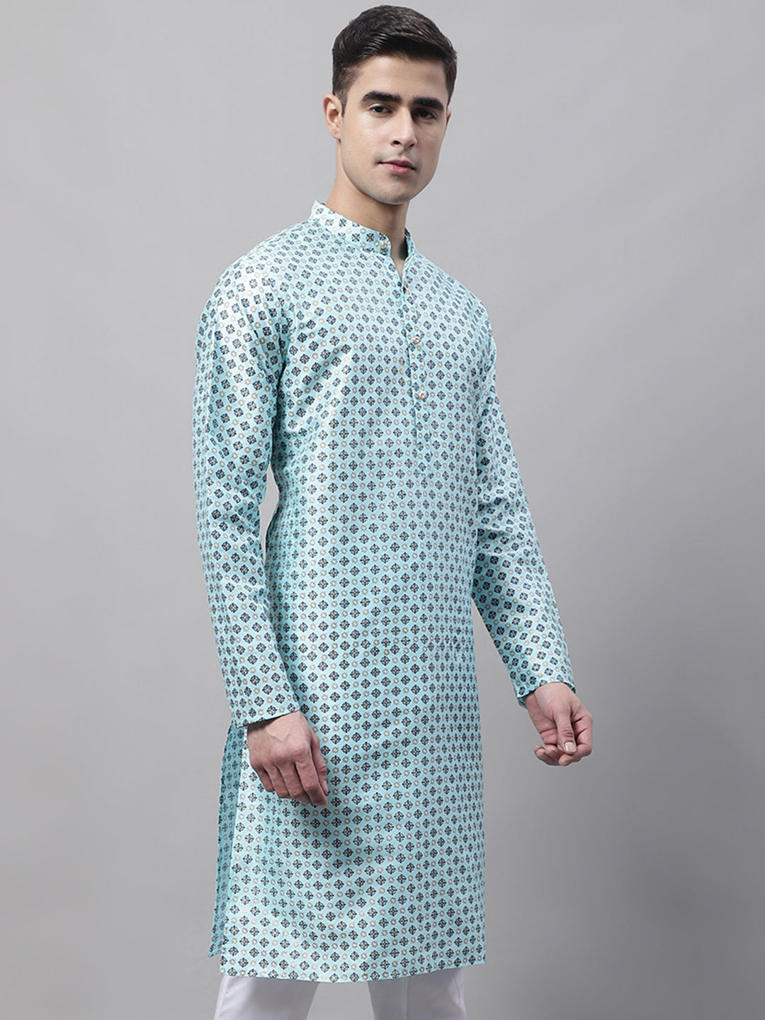 Jompers Men's Sky Blue Printed Silk Blend Kurta | Grocsy
