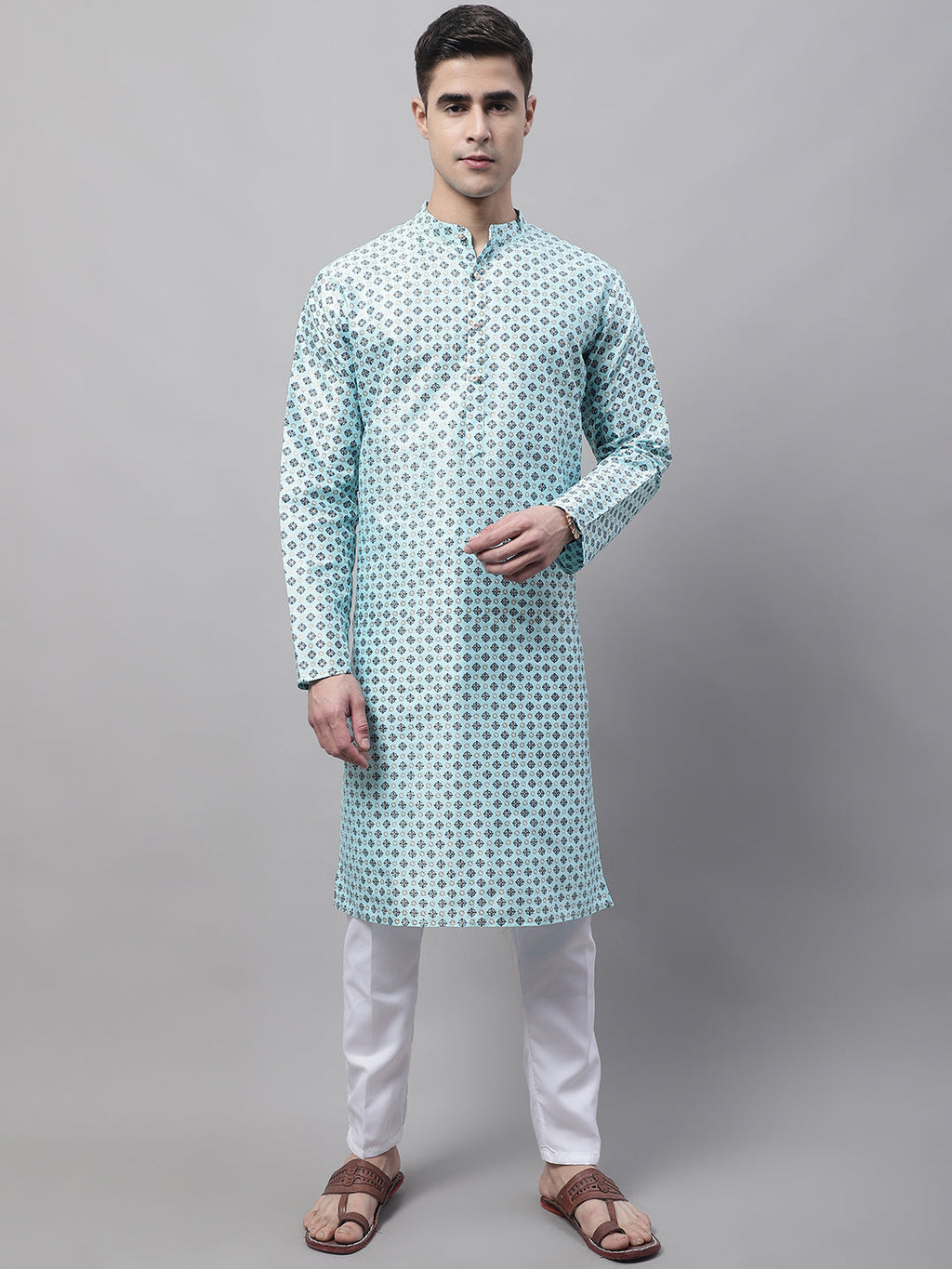 Jompers Men's Sky Blue Printed Silk Blend Kurta | Grocsy