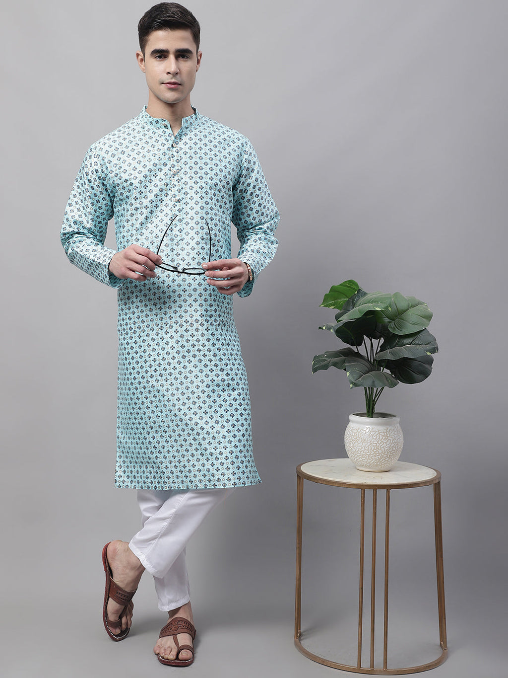 Jompers Men's Sky Blue Printed Silk Blend Kurta | Grocsy