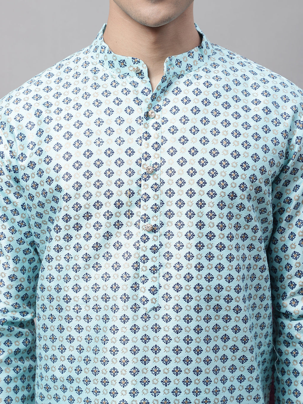 Jompers Men's Sky Blue Printed Silk Blend Kurta | Grocsy