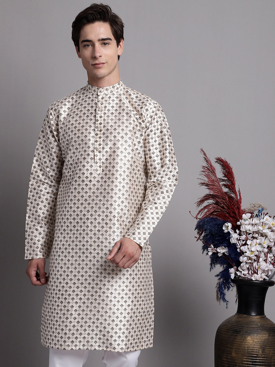 Jompers Men's Grey Printed Silk Blend Kurta | Grocsy