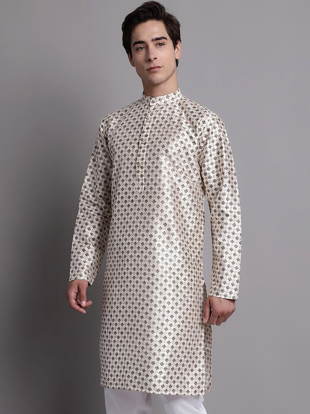 Jompers Men's Grey Printed Silk Blend Kurta | Grocsy