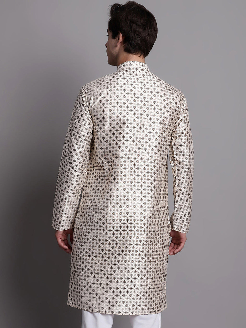 Jompers Men's Grey Printed Silk Blend Kurta | Grocsy