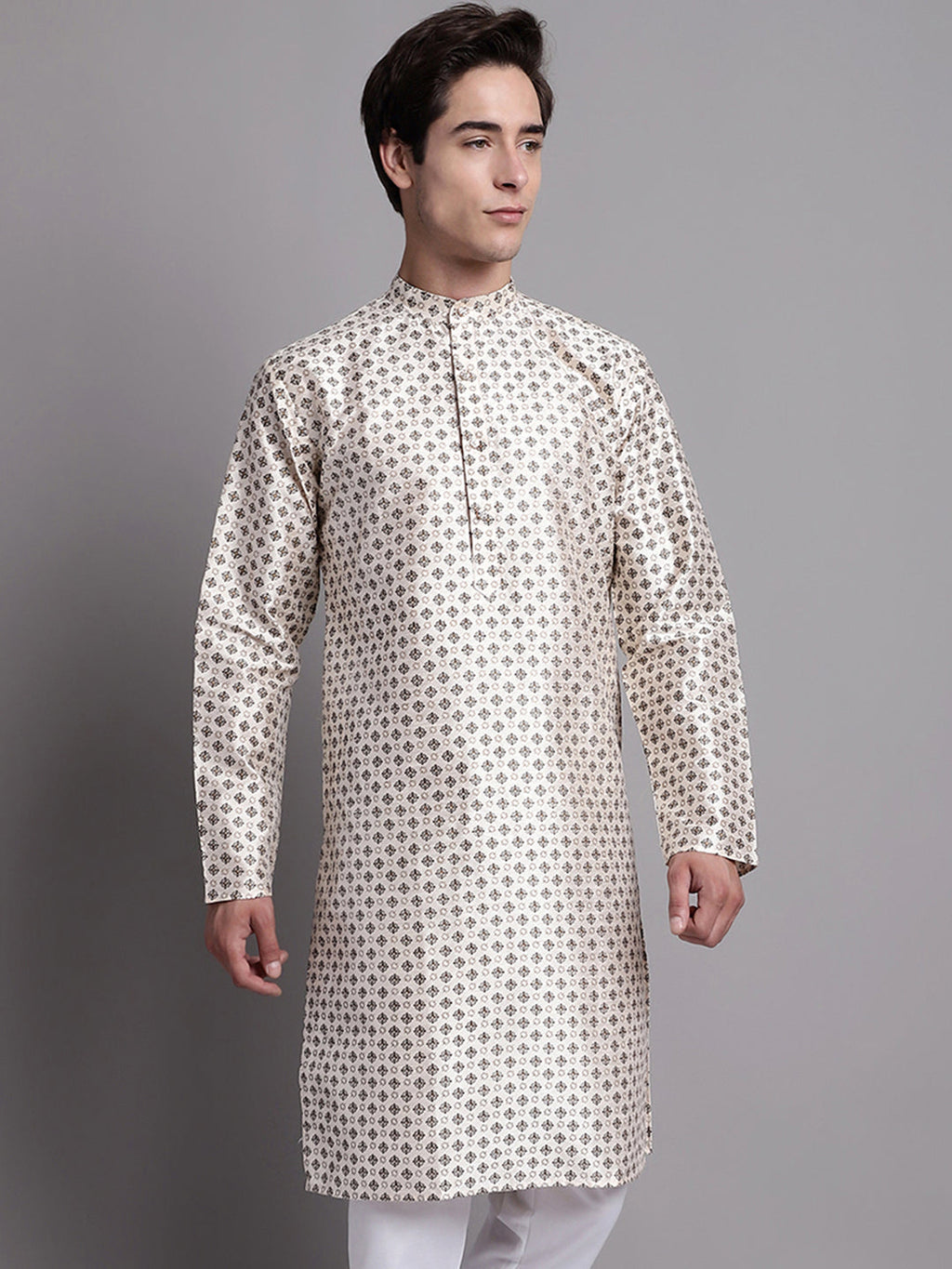 Jompers Men's Grey Printed Silk Blend Kurta | Grocsy