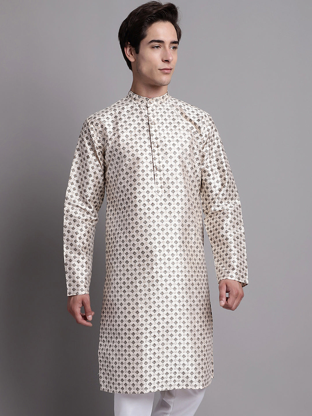 Jompers Men's Grey Printed Silk Blend Kurta | Grocsy