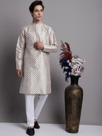 Jompers Men's Grey Printed Silk Blend Kurta | Grocsy