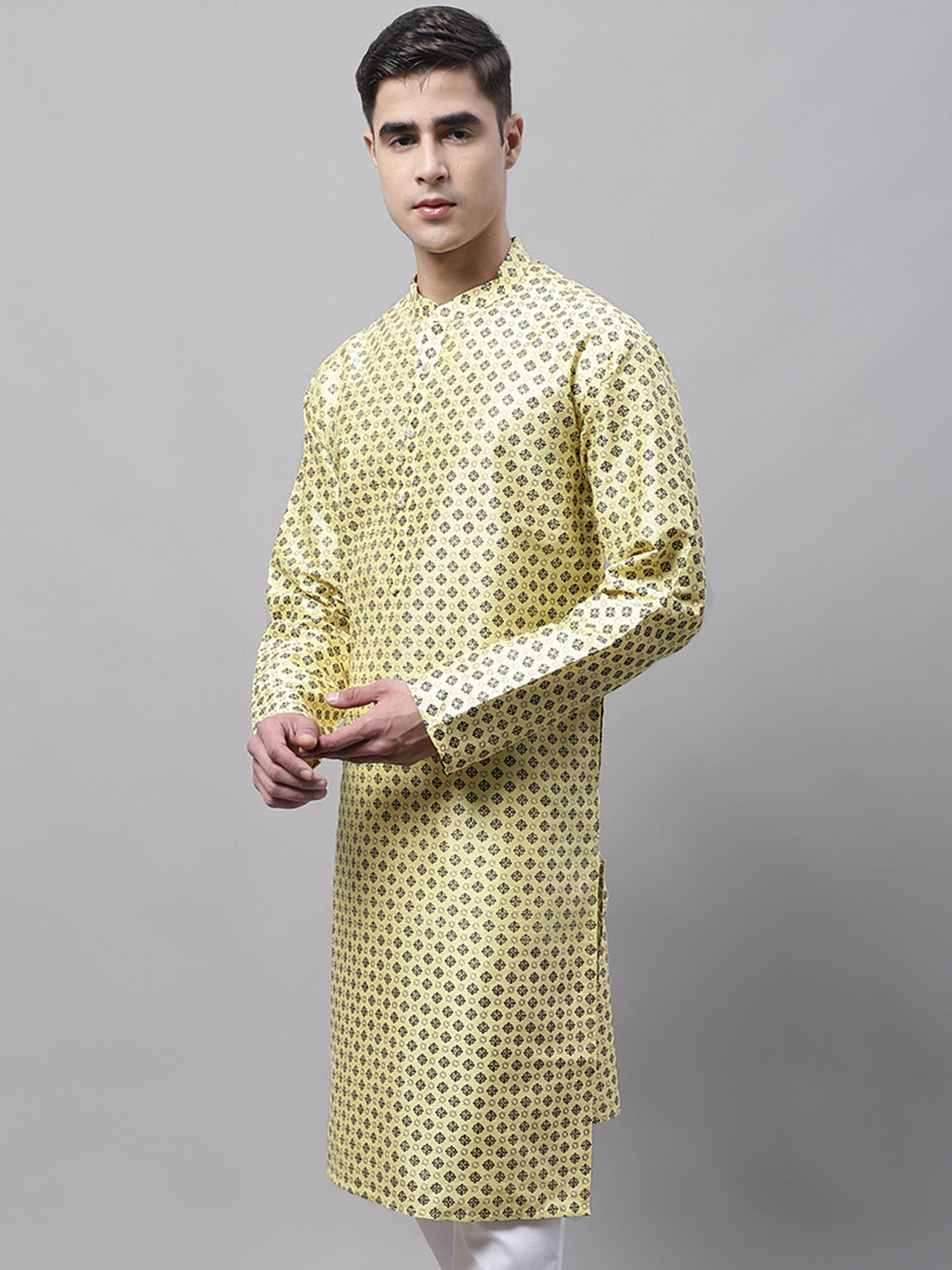 Jompers Men's Yellow Printed Silk Blend Kurta | Grocsy