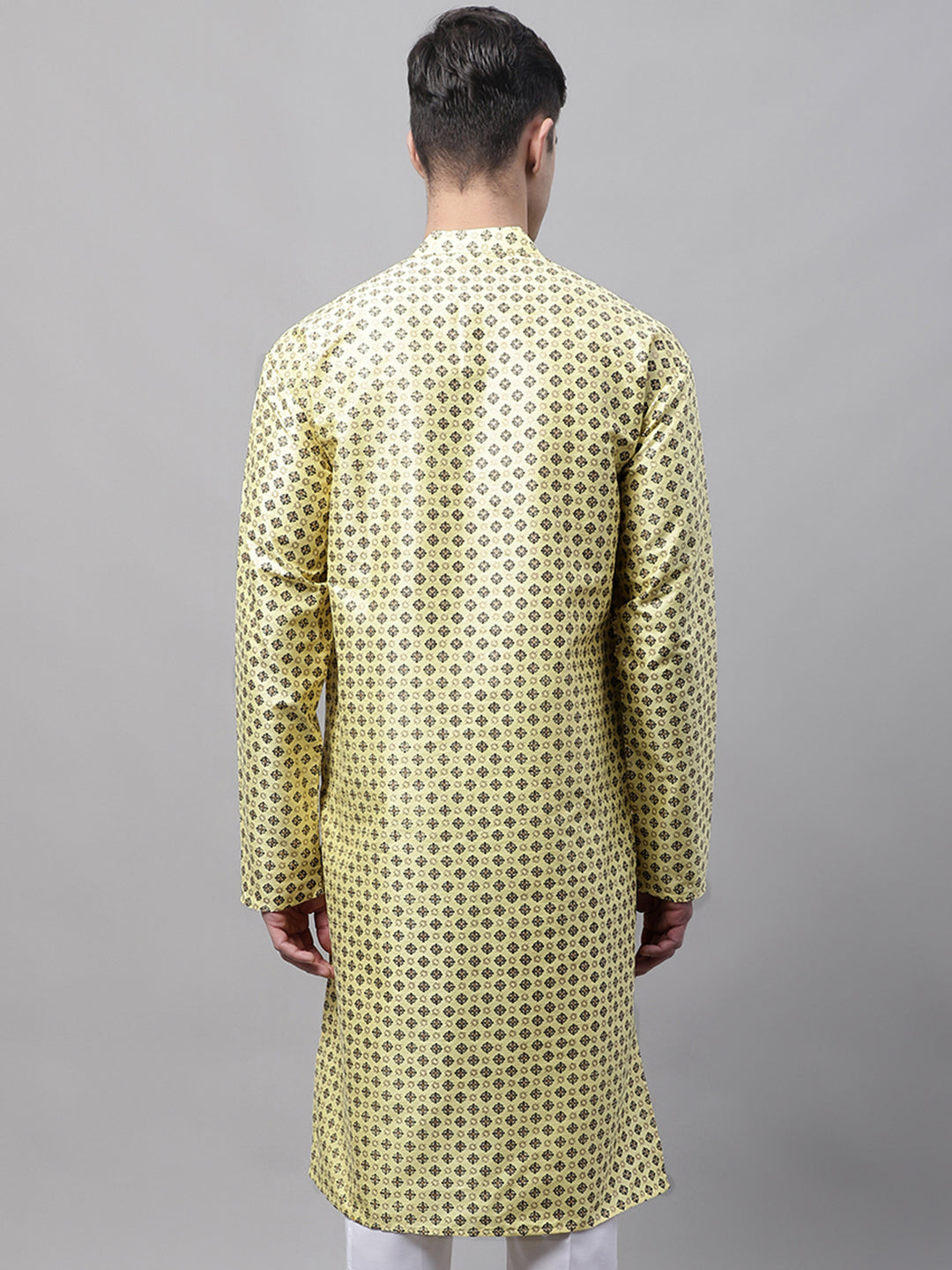 Jompers Men's Yellow Printed Silk Blend Kurta | Grocsy