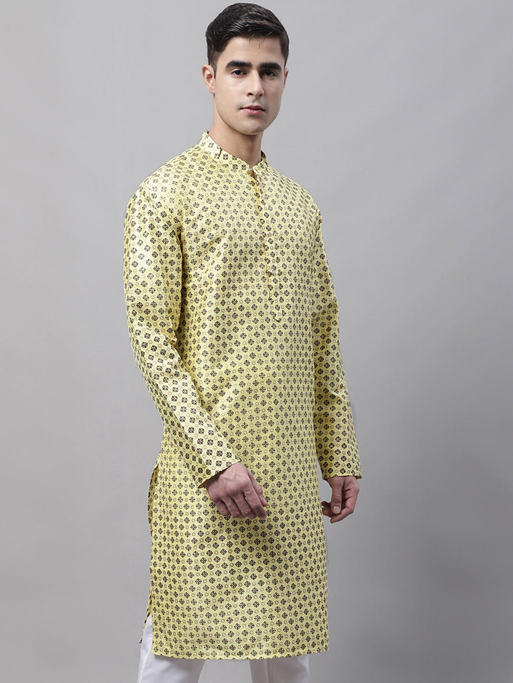 Jompers Men's Yellow Printed Silk Blend Kurta | Grocsy