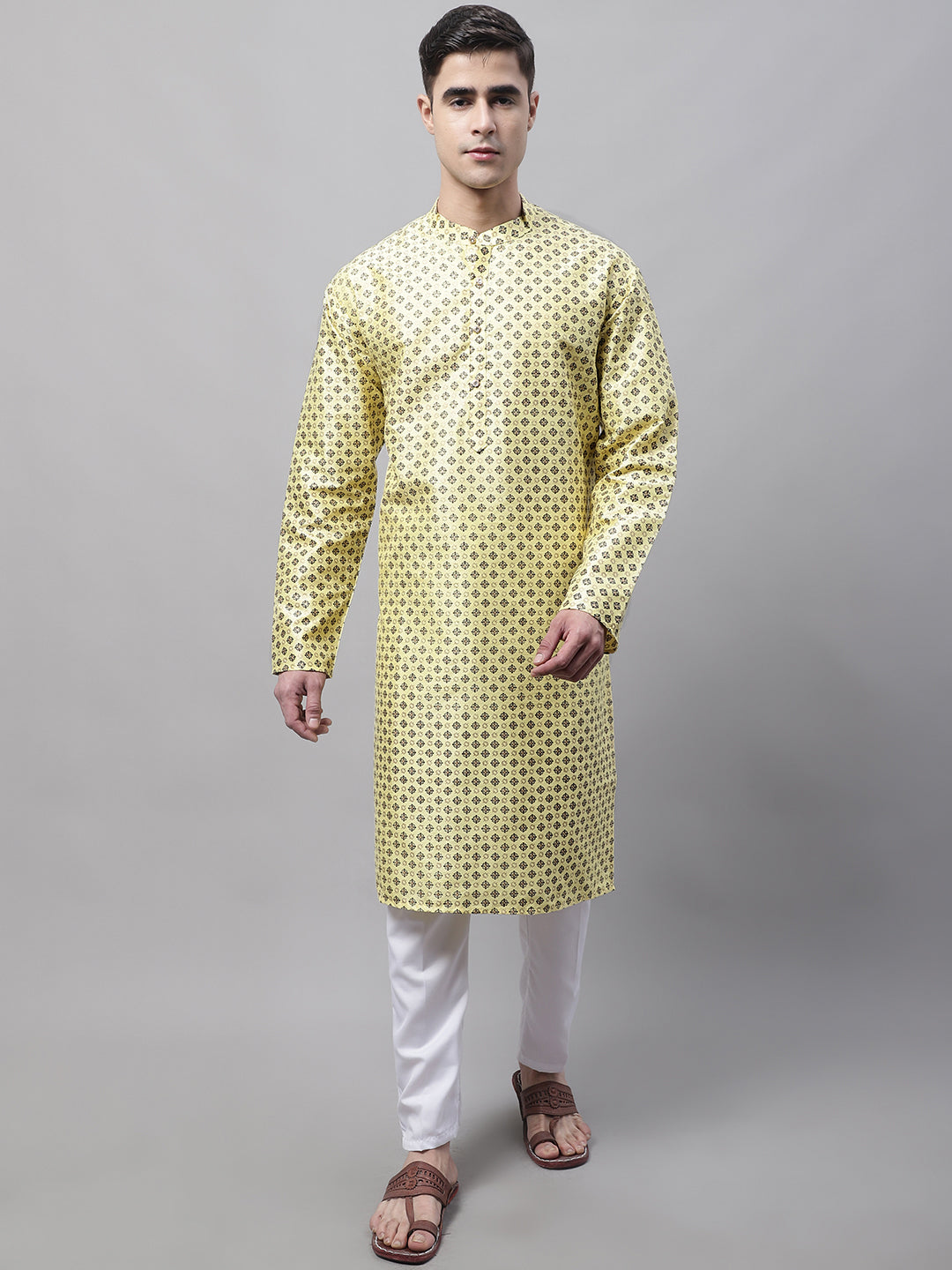 Jompers Men's Yellow Printed Silk Blend Kurta | Grocsy
