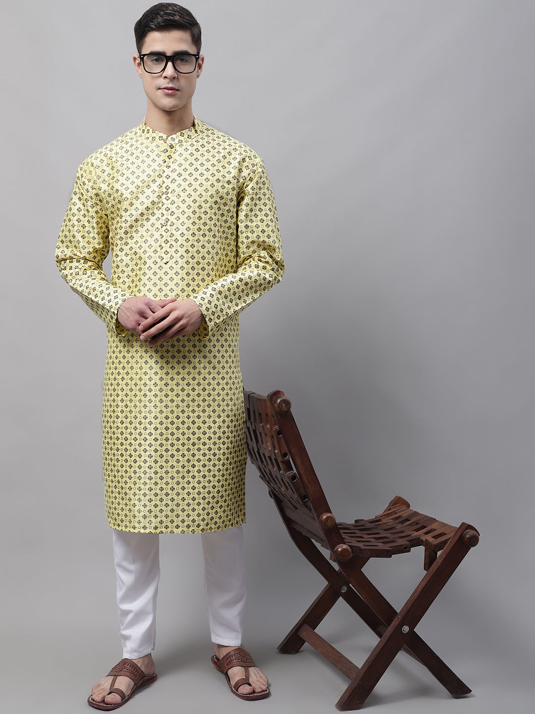 Jompers Men's Yellow Printed Silk Blend Kurta | Grocsy