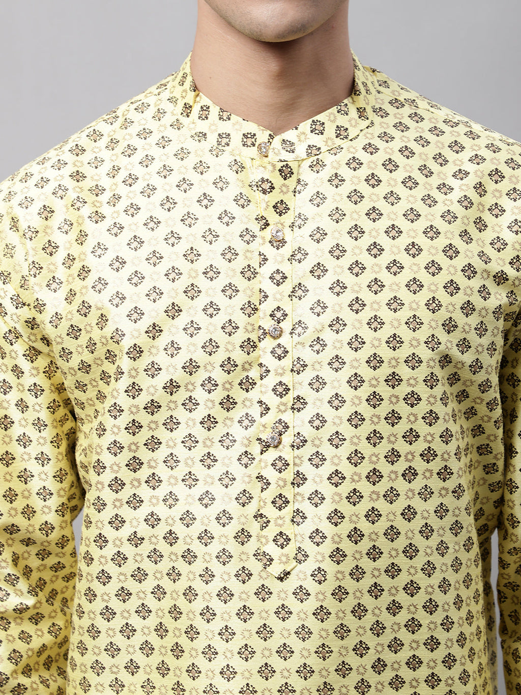 Jompers Men's Yellow Printed Silk Blend Kurta | Grocsy