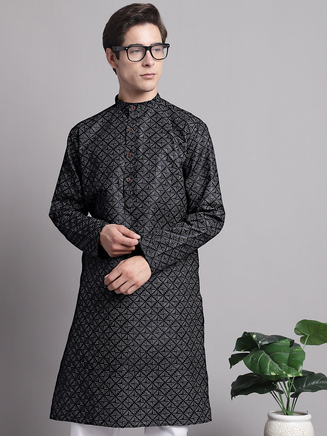 Jompers Men's Black Printed Pure Cotton Kurta | Grocsy