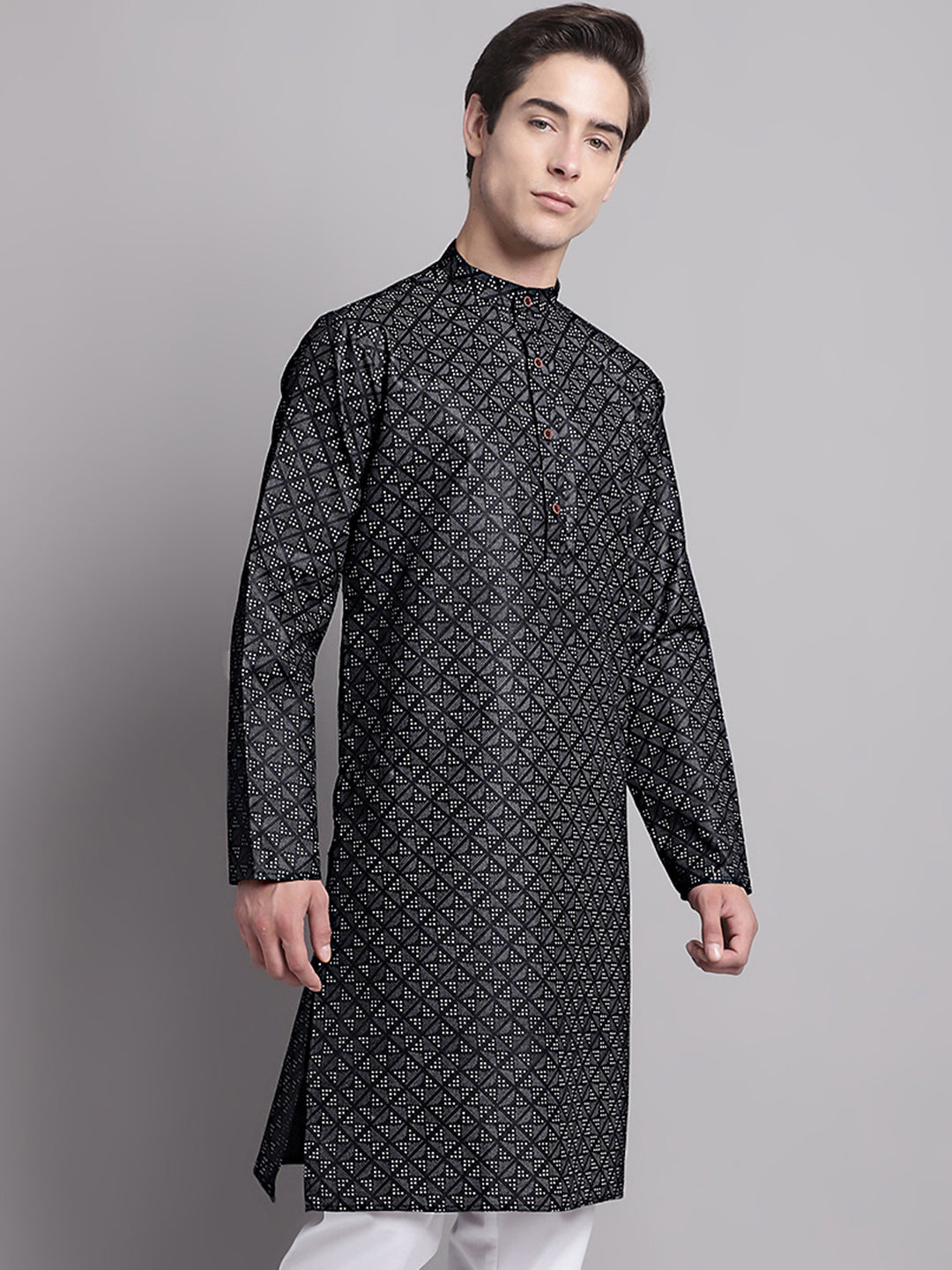 Jompers Men's Black Printed Pure Cotton Kurta | Grocsy