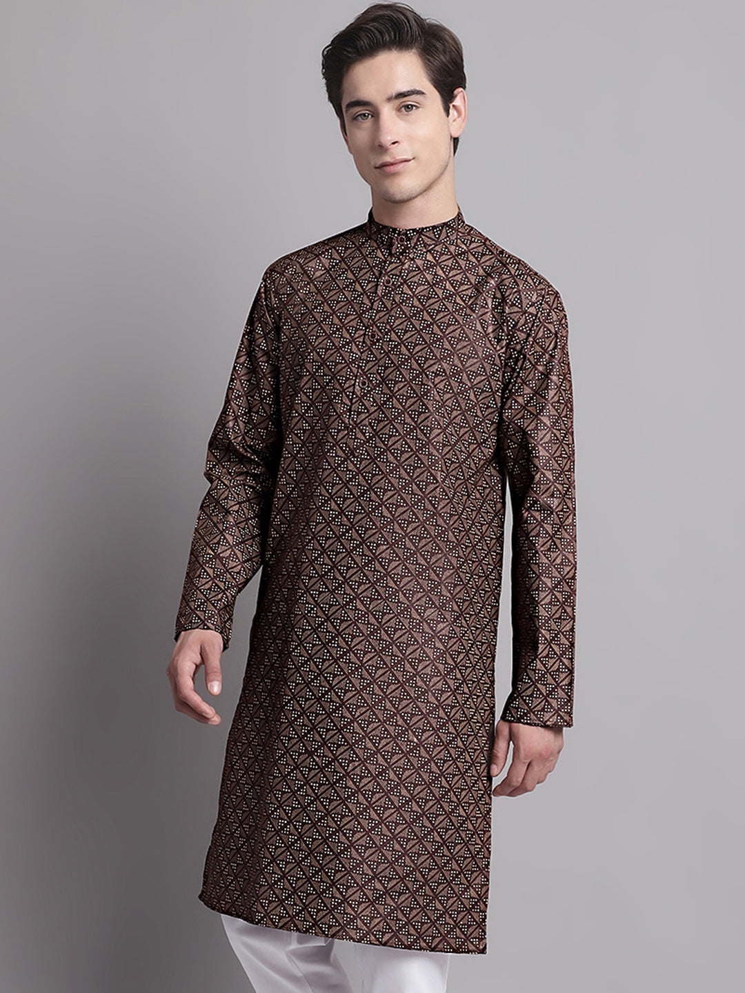 Jompers Men's Coffee Brown Printed Pure Cotton Kurta | Grocsy