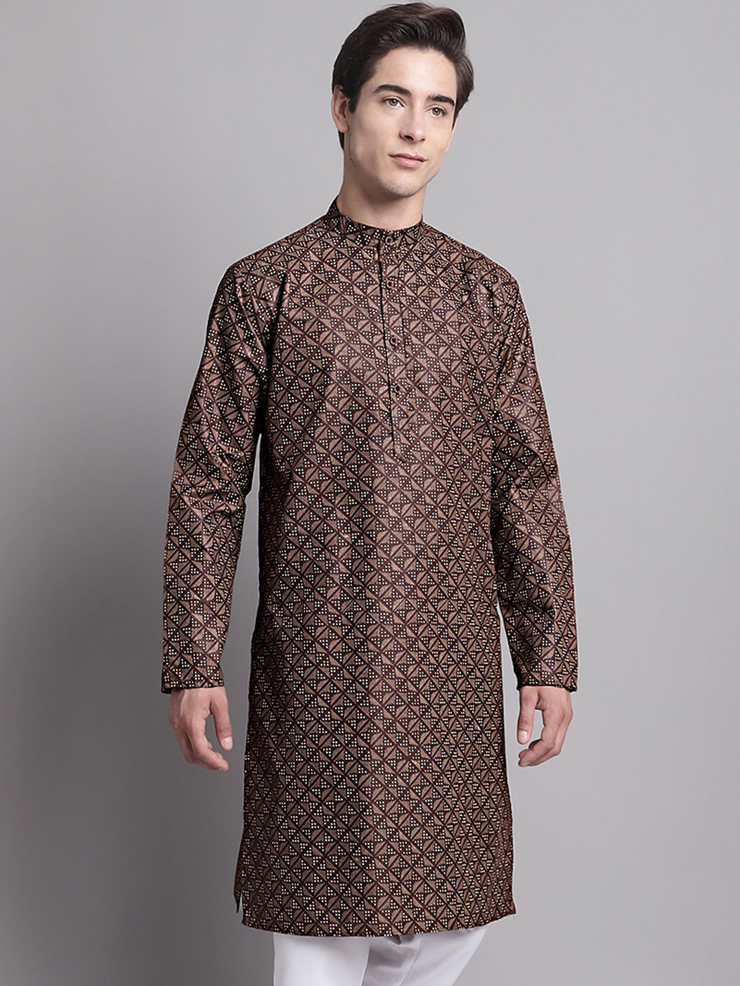 Jompers Men's Coffee Brown Printed Pure Cotton Kurta | Grocsy