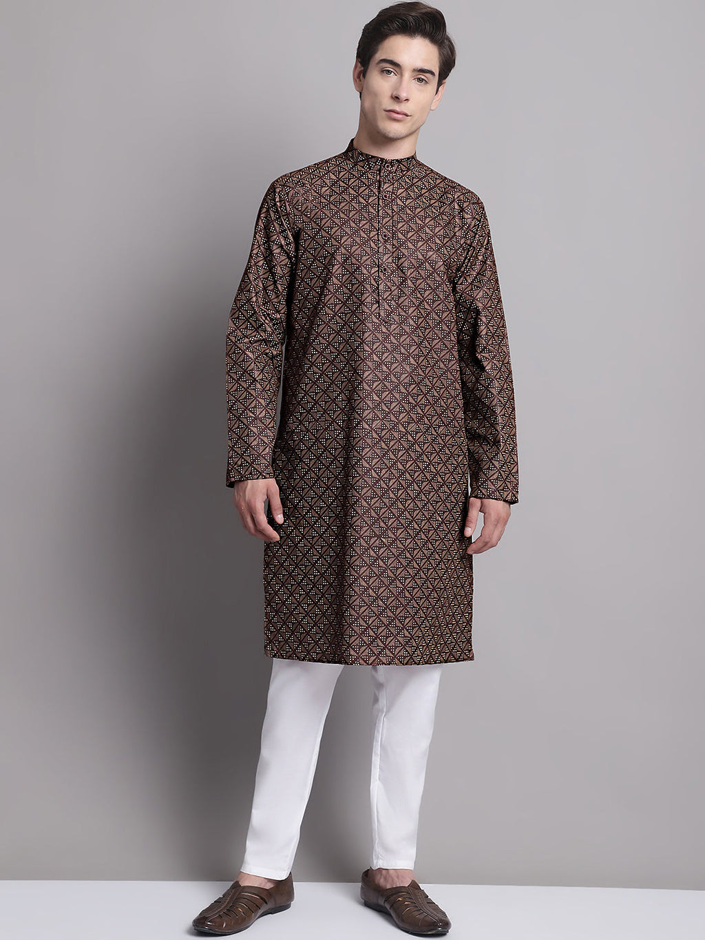 Jompers Men's Coffee Brown Printed Pure Cotton Kurta | Grocsy