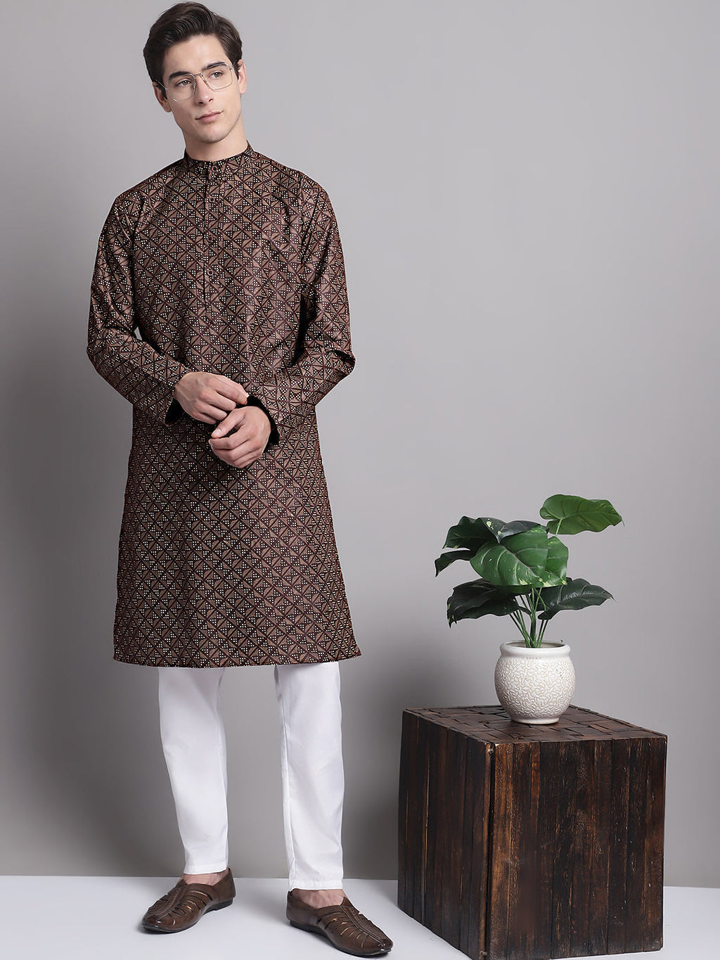 Jompers Men's Coffee Brown Printed Pure Cotton Kurta | Grocsy