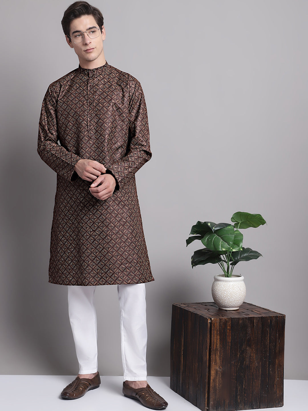 Jompers Men's Coffee Brown Printed Pure Cotton Kurta | Grocsy