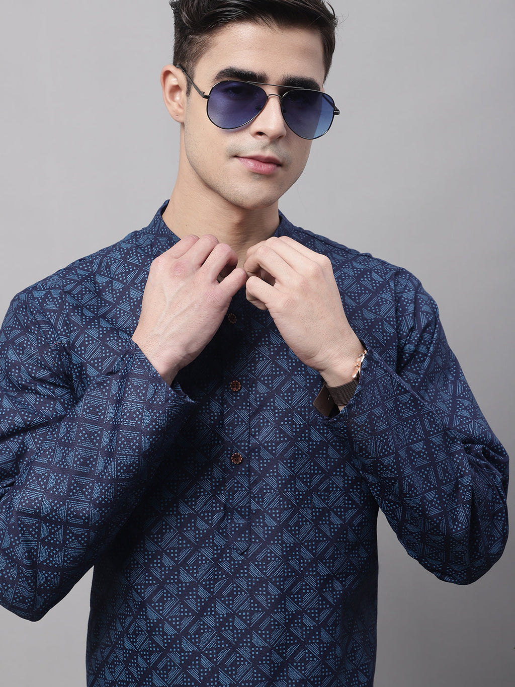 Jompers Men's Navy Blue Printed Pure Cotton Kurta | Grocsy